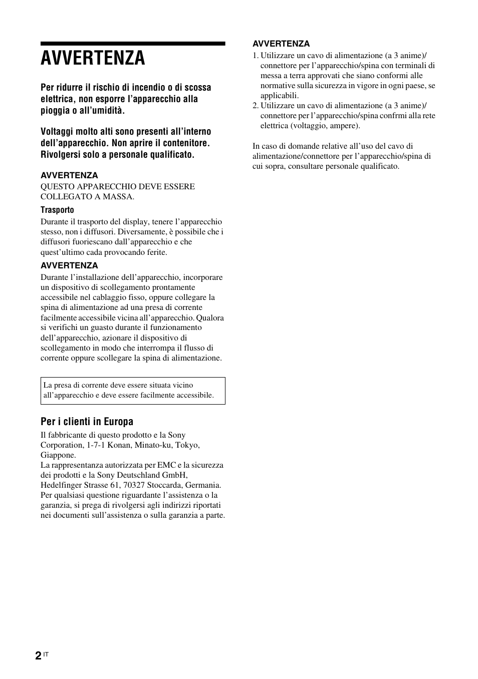 Avvertenza | Sony FWD-S42H1 User Manual | Page 220 / 303