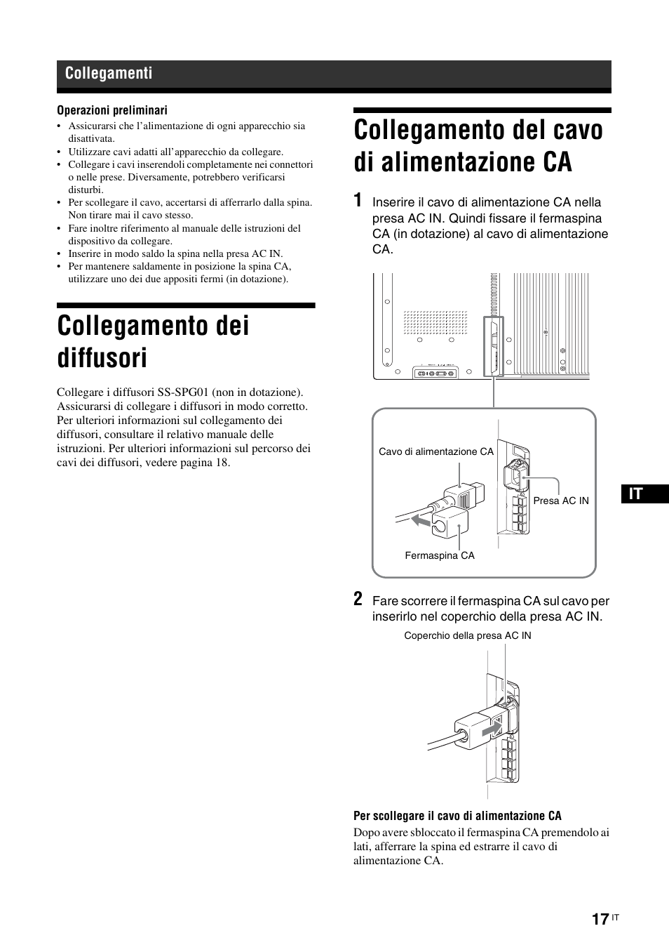 Collegamenti, Collegamento dei diffusori, Collegamento del cavo di alimentazione ca | Sony FWD-S42H1 User Manual | Page 235 / 303