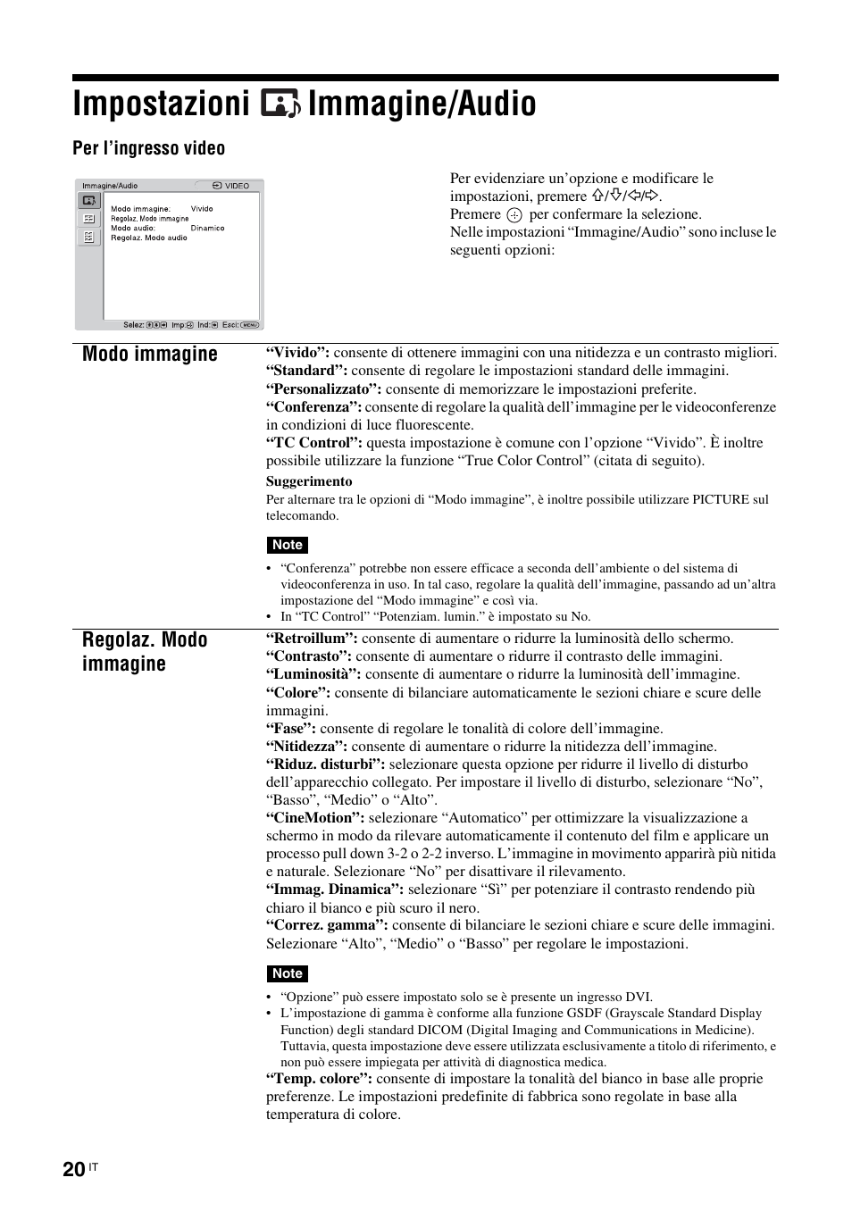 Impostazioni immagine/audio, Modo immagine, Regolaz. modo immagine | Sony FWD-S42H1 User Manual | Page 238 / 303