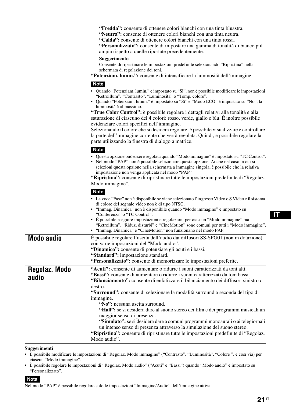 Modo audio, Regolaz. modo audio | Sony FWD-S42H1 User Manual | Page 239 / 303