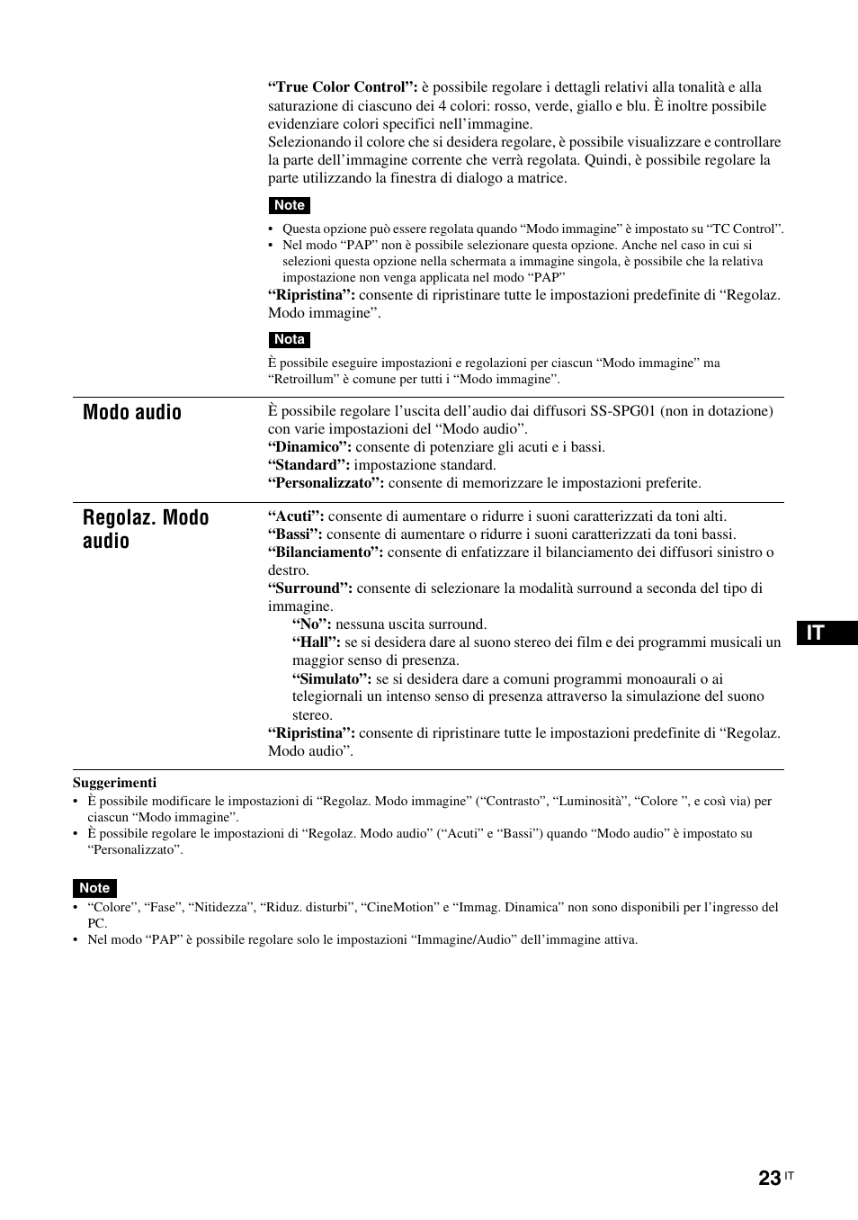 Modo audio, Regolaz. modo audio | Sony FWD-S42H1 User Manual | Page 241 / 303