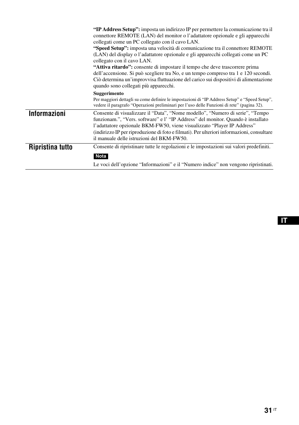 Informazioni, Ripristina tutto | Sony FWD-S42H1 User Manual | Page 249 / 303