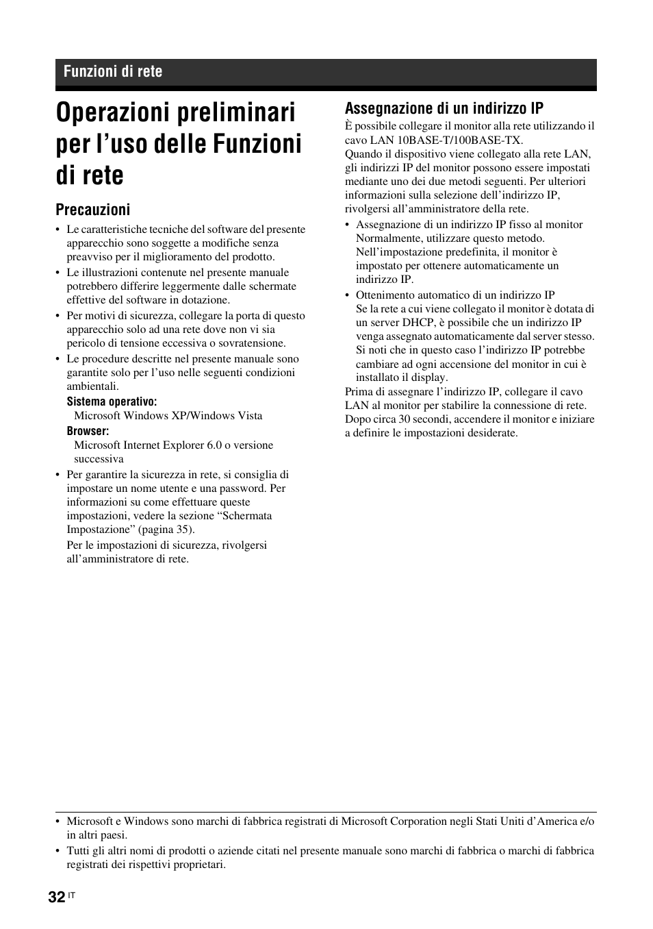 Funzioni di rete, Precauzioni, Assegnazione di un indirizzo ip | Sony FWD-S42H1 User Manual | Page 250 / 303