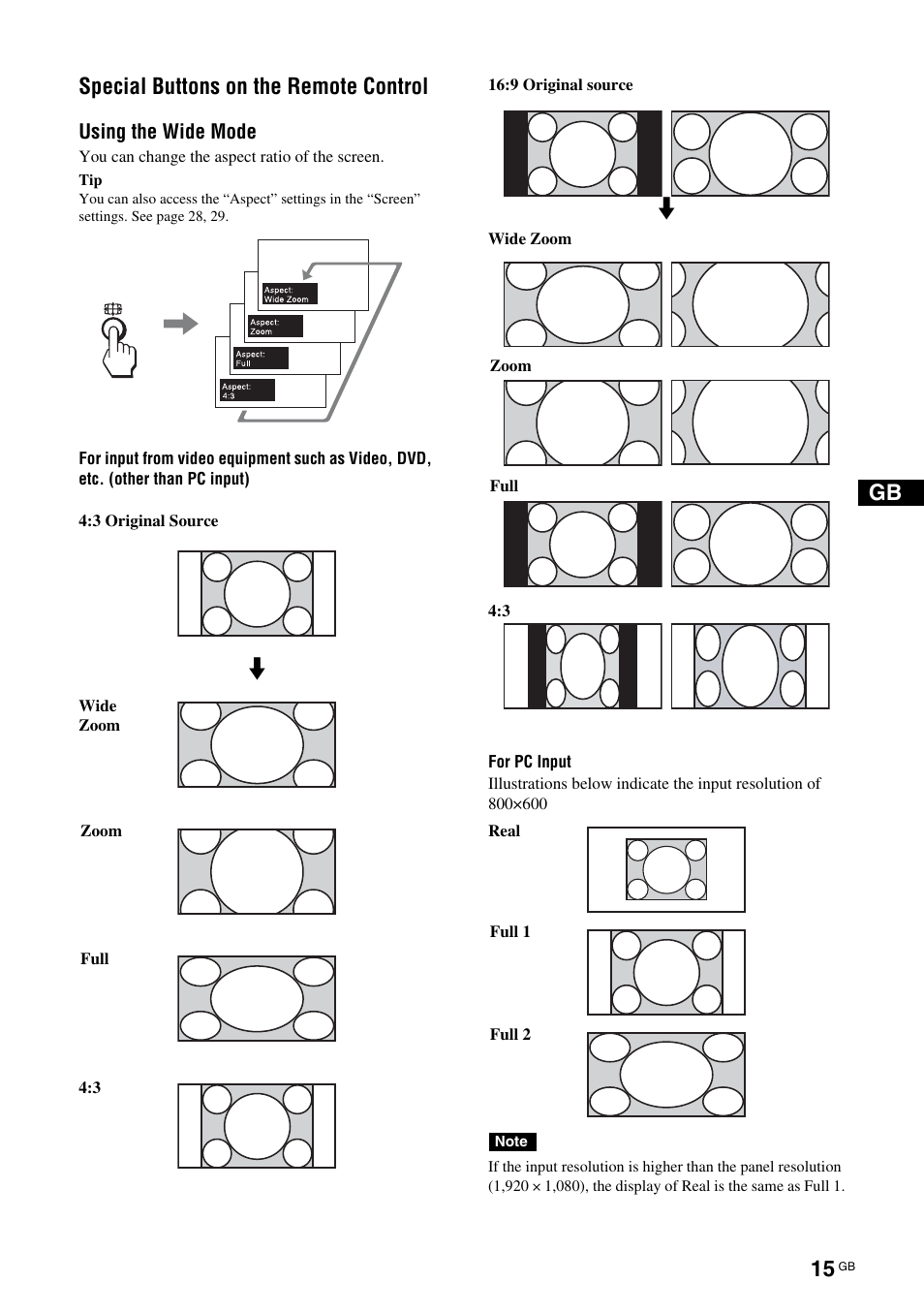 Special buttons on the remote control, Using the wide mode, Gb special buttons on the remote control | Sony FWD-S42H1 User Manual | Page 61 / 303