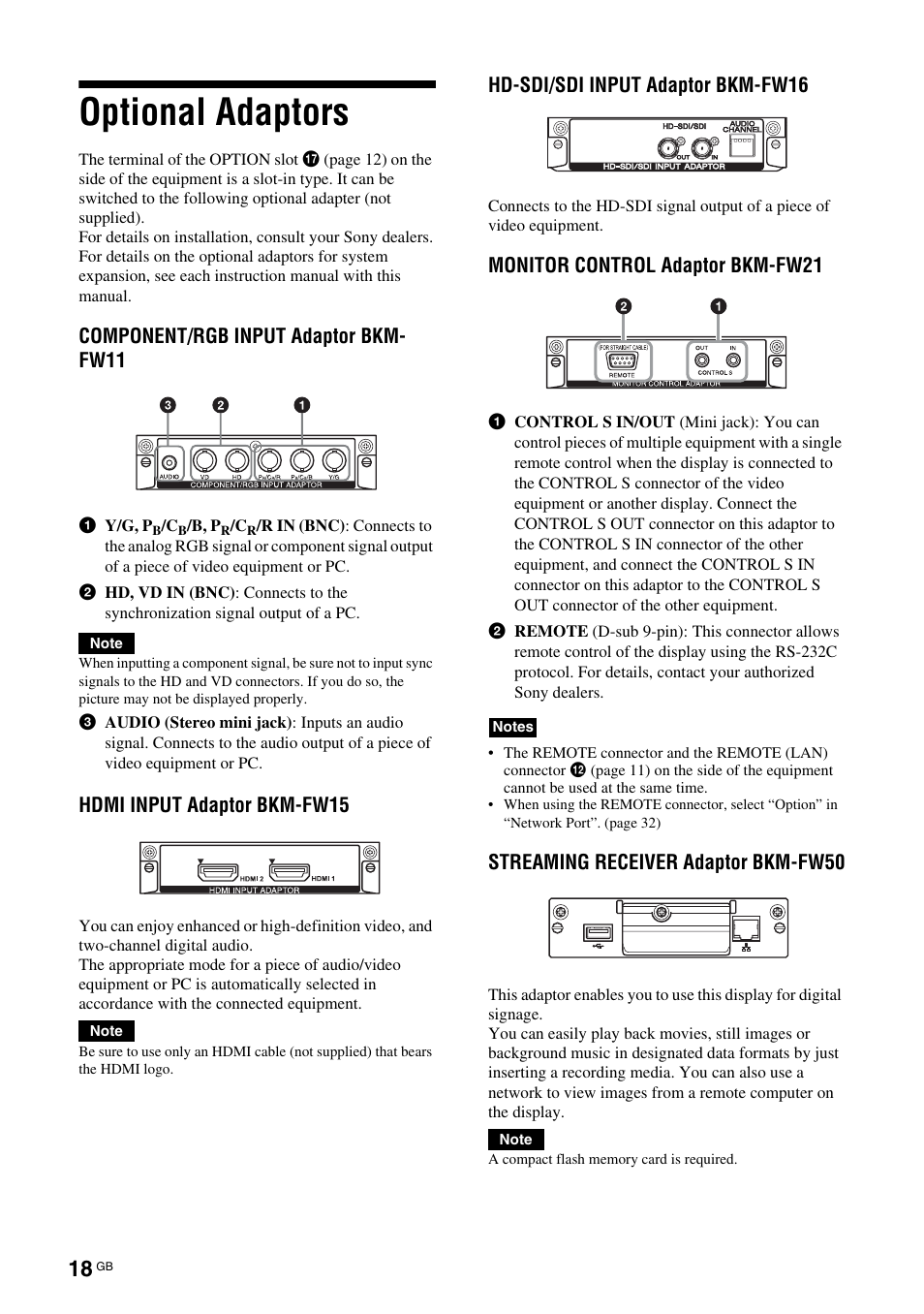 Optional adaptors | Sony FWD-S42H1 User Manual | Page 64 / 303