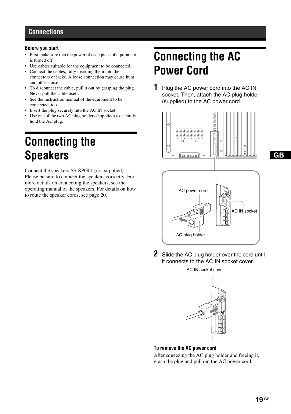 Connections, Connecting the speakers, Connecting the ac power cord | Sony FWD-S42H1 User Manual | Page 65 / 303