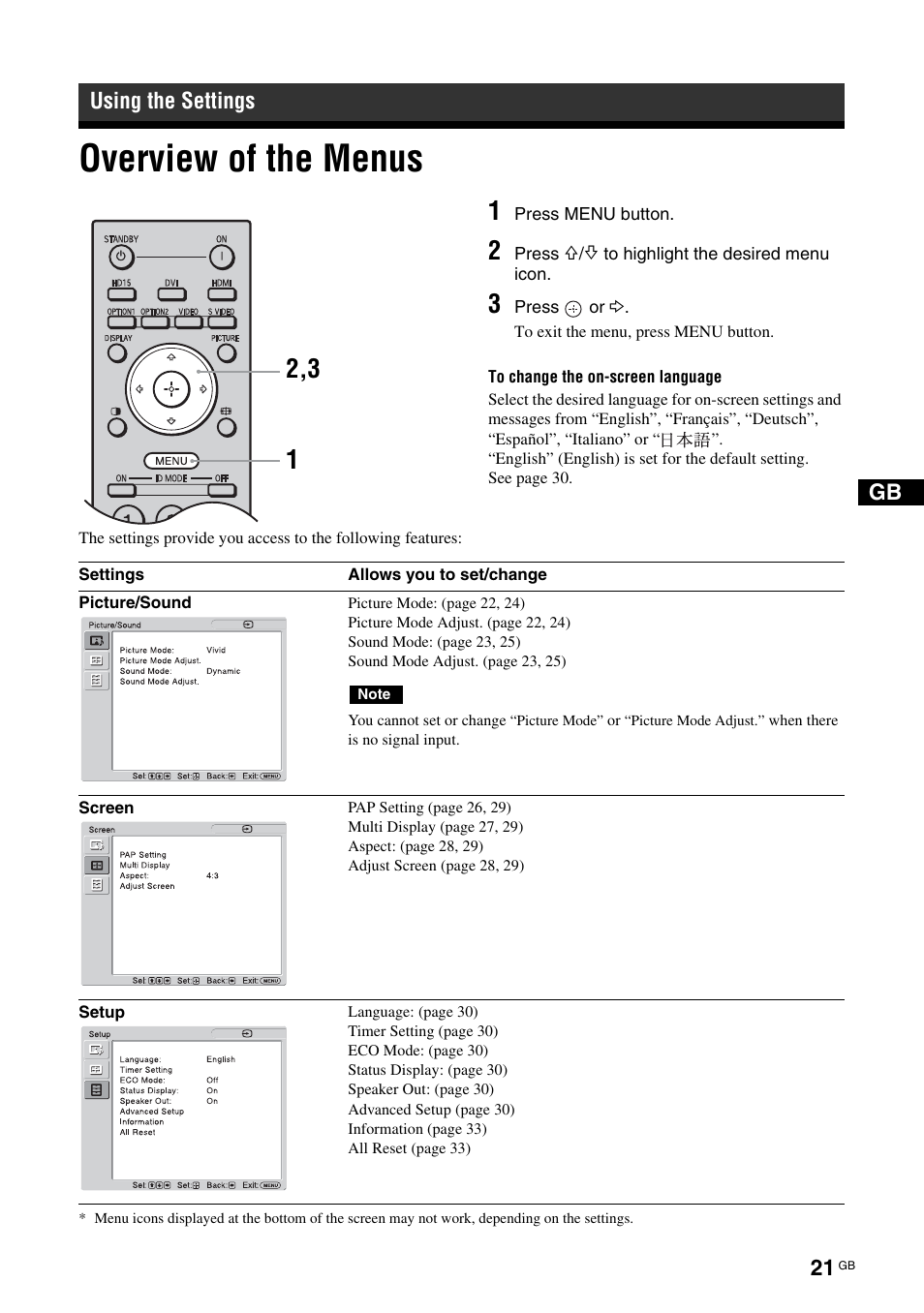 Using the settings, Overview of the menus | Sony FWD-S42H1 User Manual | Page 67 / 303