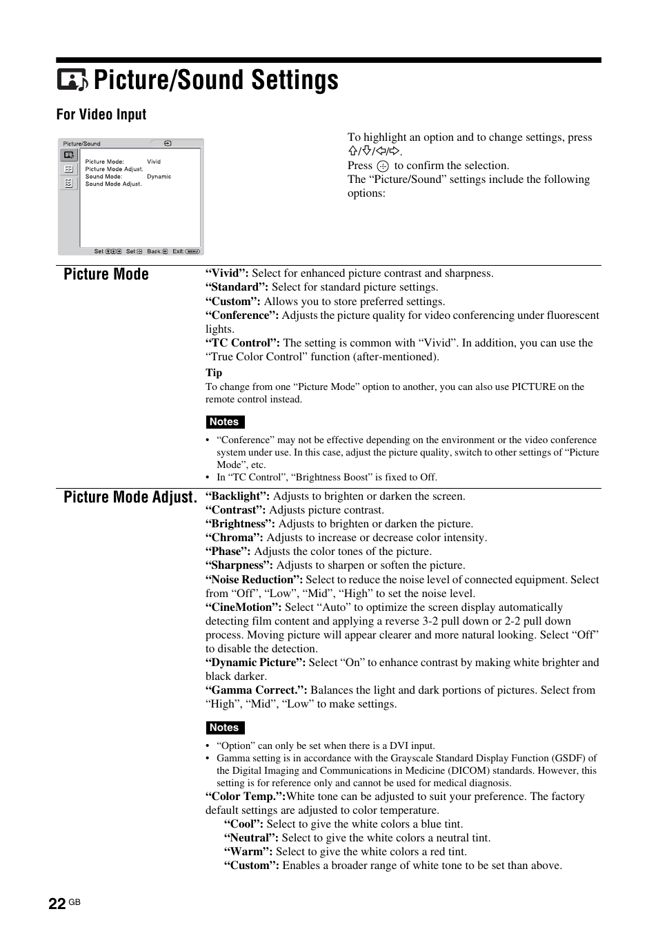 Picture/sound settings, Picture mode, Picture mode adjust | Sony FWD-S42H1 User Manual | Page 68 / 303