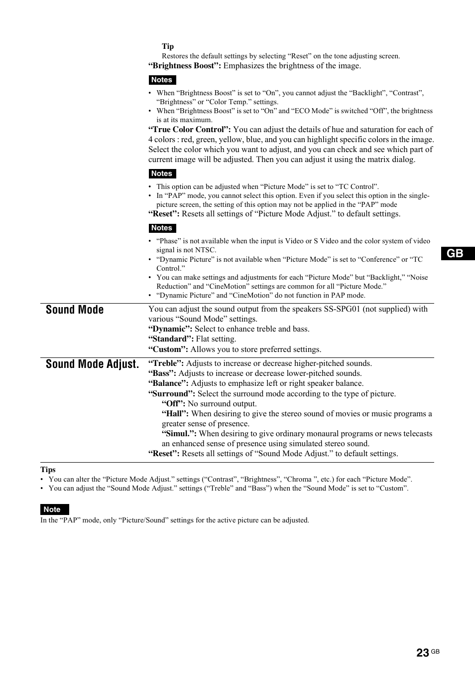 Sound mode, Sound mode adjust | Sony FWD-S42H1 User Manual | Page 69 / 303