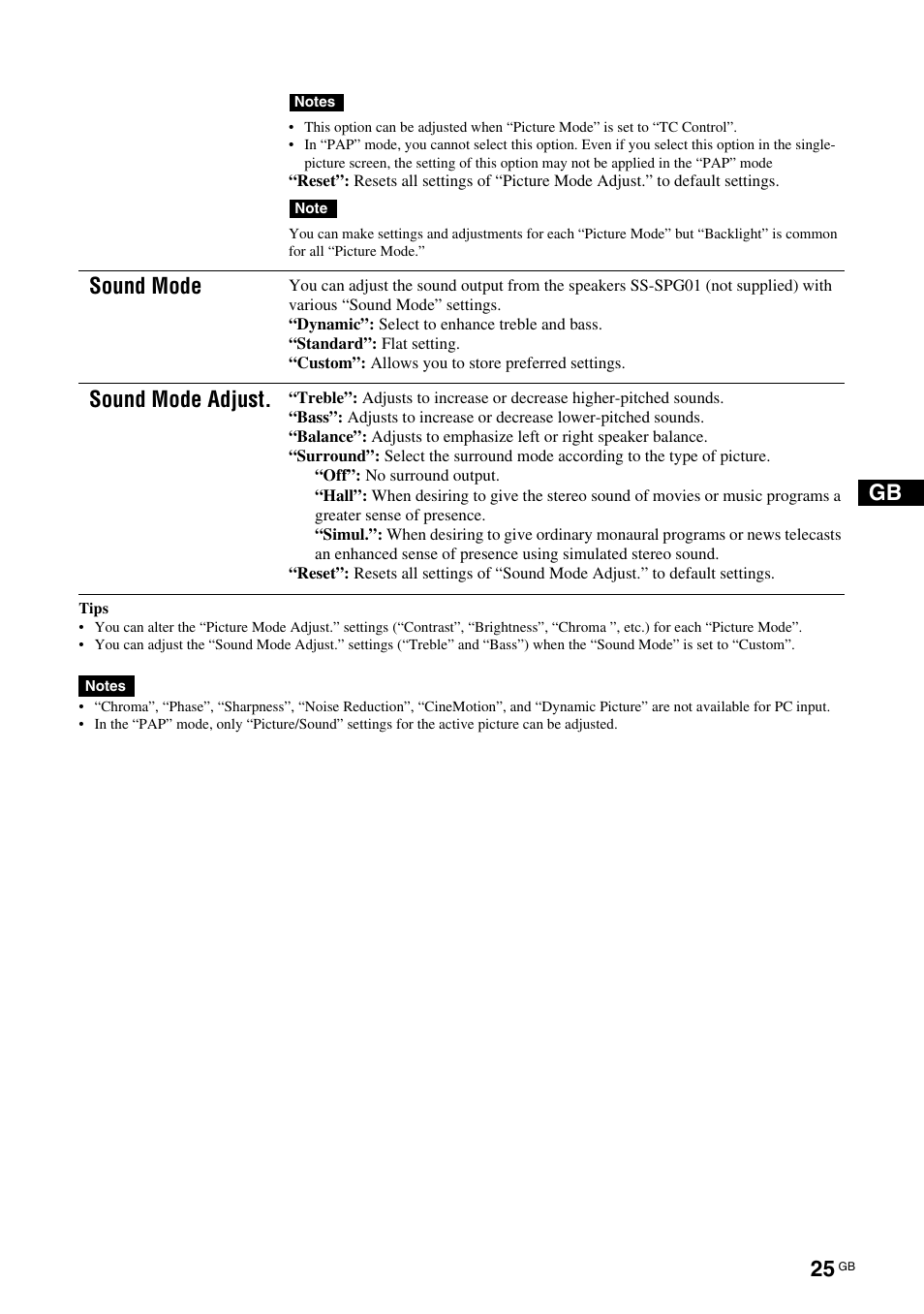 Sound mode, Sound mode adjust | Sony FWD-S42H1 User Manual | Page 71 / 303