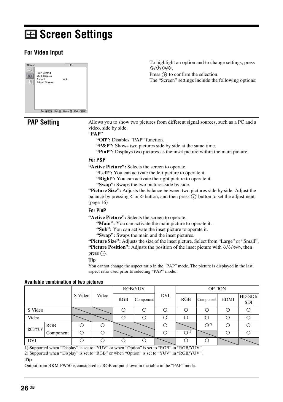 Screen settings, Pap setting | Sony FWD-S42H1 User Manual | Page 72 / 303