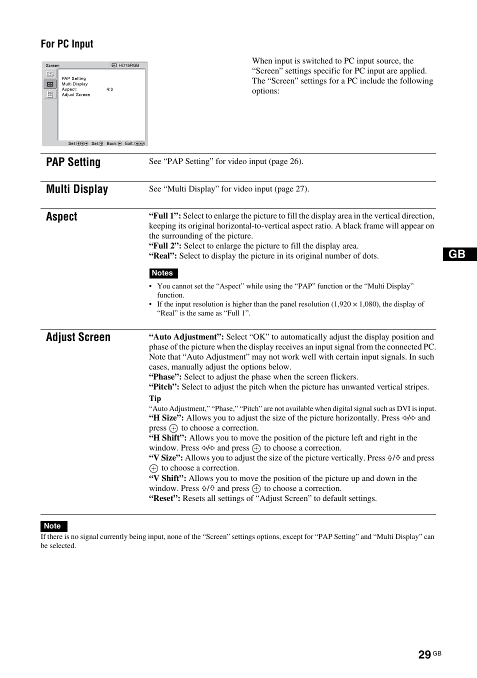 Pap setting, Multi display, Aspect | Adjust screen | Sony FWD-S42H1 User Manual | Page 75 / 303