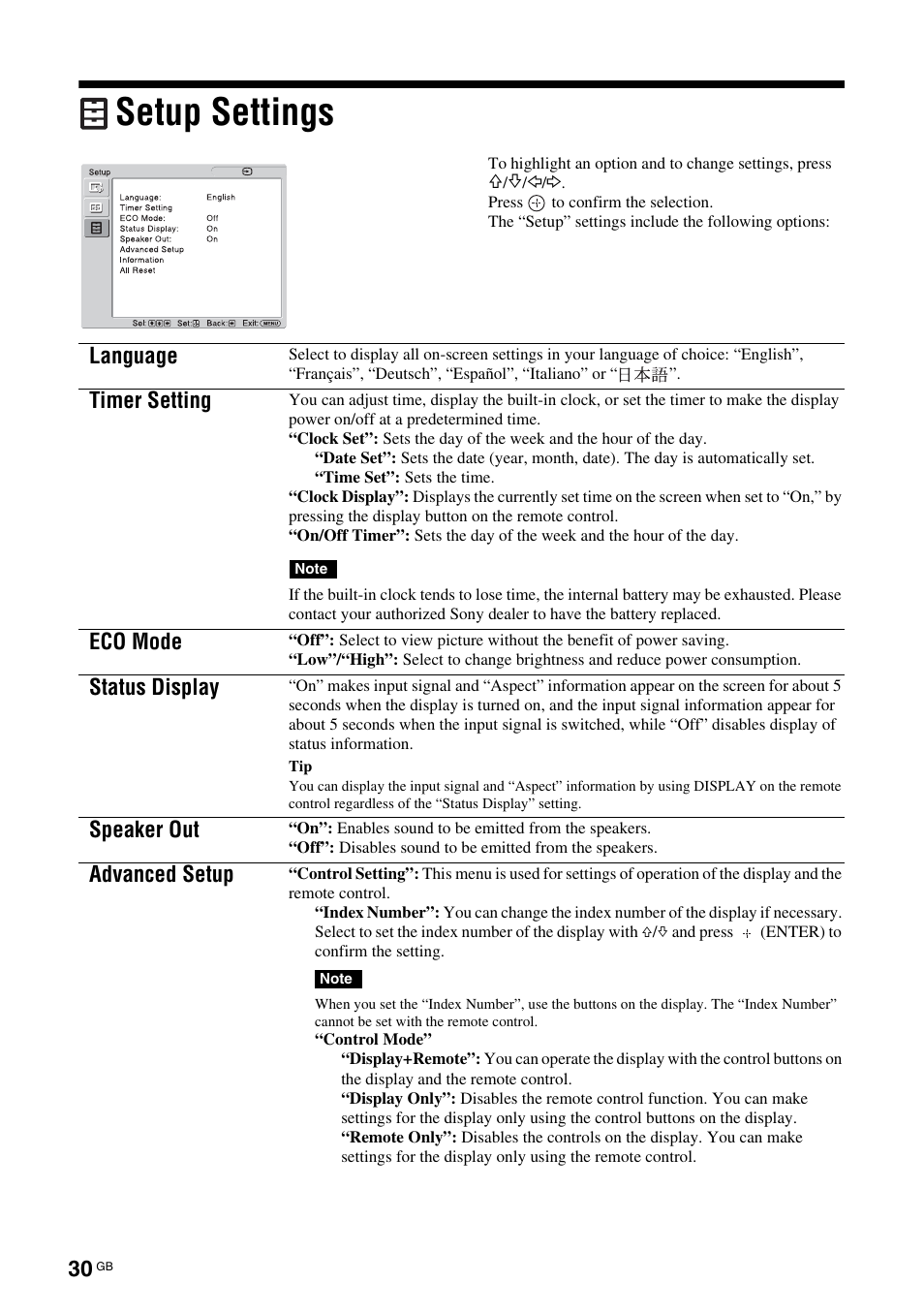 Setup settings, Language, Timer setting | Eco mode, Status display, Speaker out, Advanced setup | Sony FWD-S42H1 User Manual | Page 76 / 303