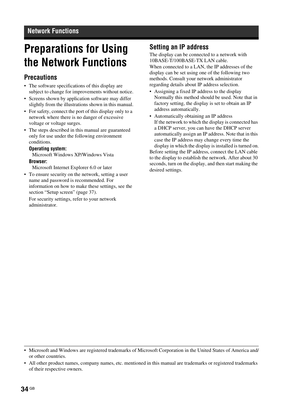 Network functions, Preparations for using the network functions, Precautions | Setting an ip address | Sony FWD-S42H1 User Manual | Page 80 / 303