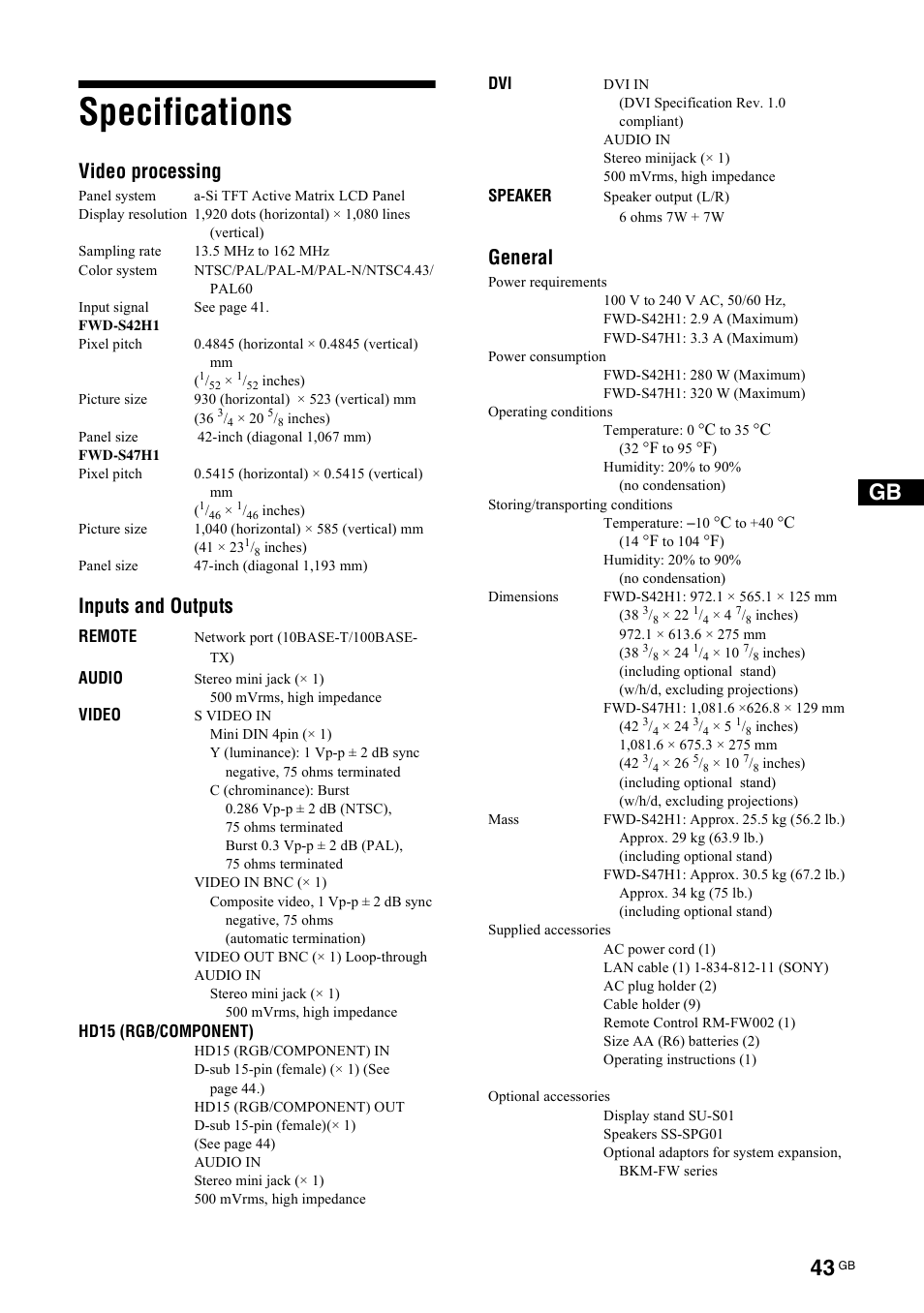 Specifications, Video processing, Inputs and outputs | General | Sony FWD-S42H1 User Manual | Page 89 / 303