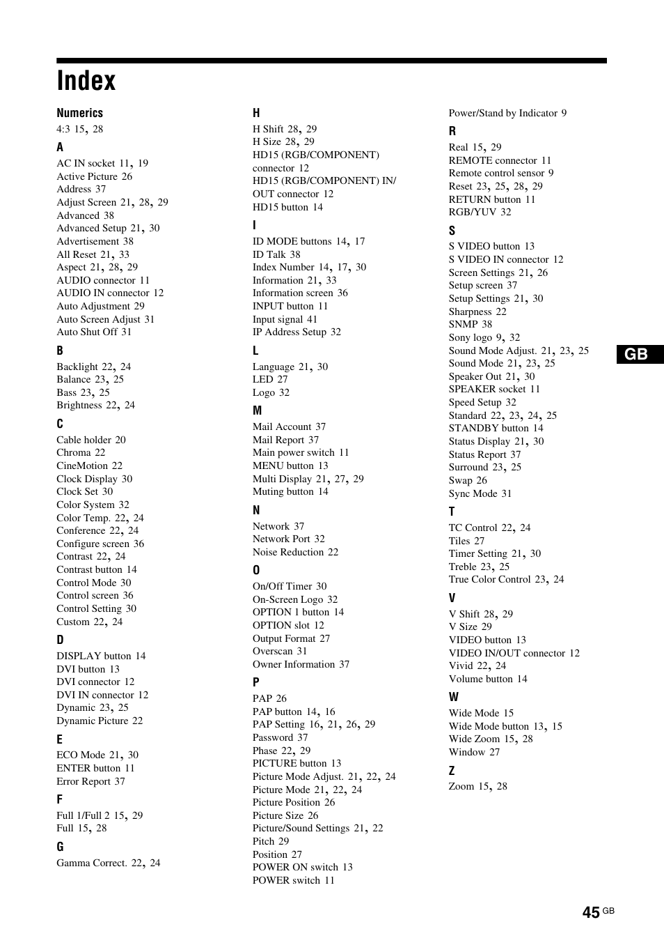 Index | Sony FWD-S42H1 User Manual | Page 91 / 303