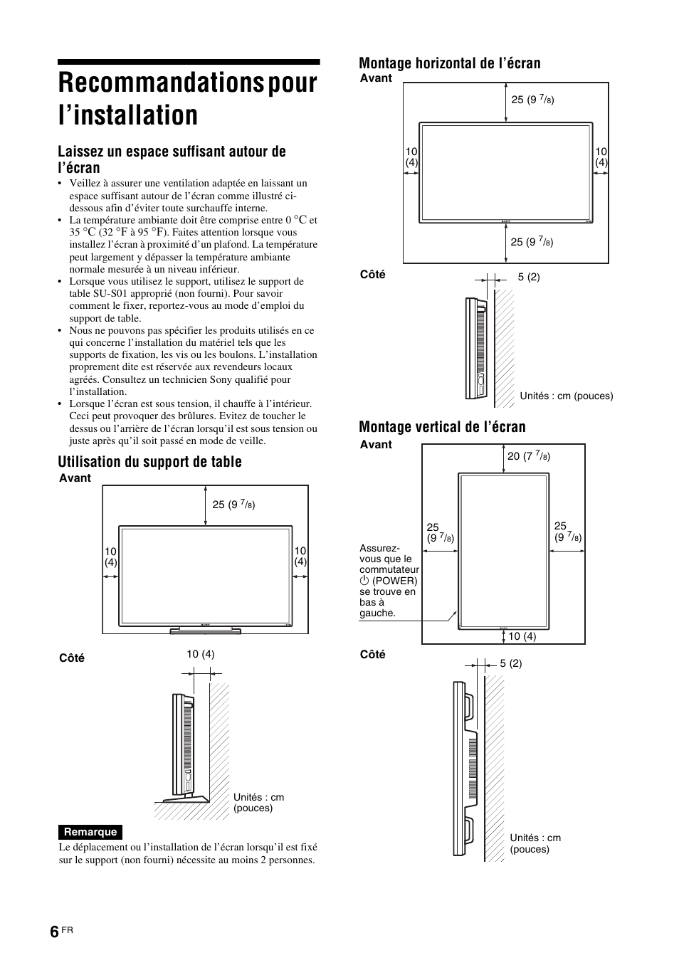 Recommandations pour l’installation, Laissez un espace suffisant autour de l’écran | Sony FWD-S42H1 User Manual | Page 96 / 303