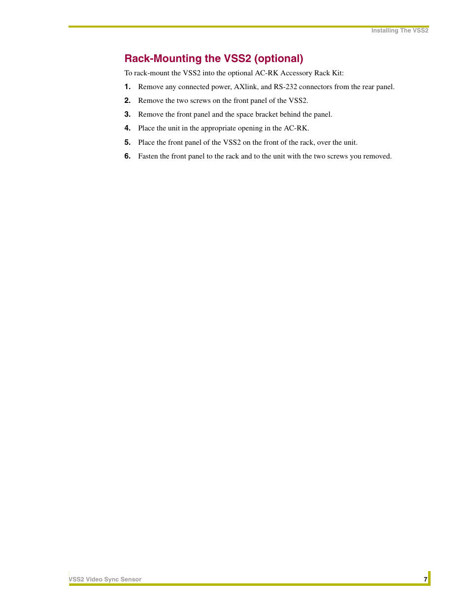 Rack-mounting the vss2 (optional) | AMX Video Sync Sensor VSS2 User Manual | Page 13 / 16