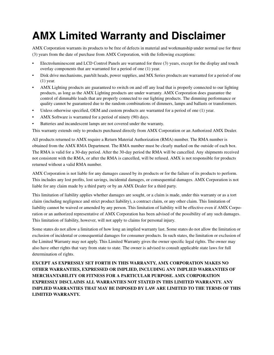 Amx limited warranty and disclaimer | AMX Video Sync Sensor VSS2 User Manual | Page 2 / 16