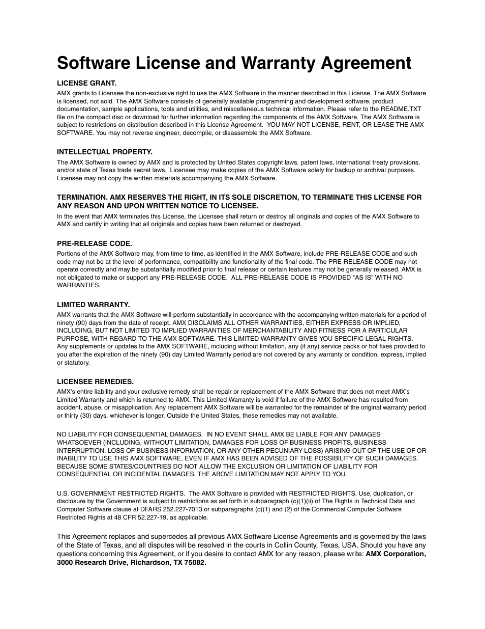 Software license and warranty agreement | AMX Video Sync Sensor VSS2 User Manual | Page 3 / 16