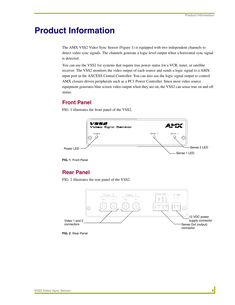 Product information, Front panel, Rear panel | AMX Video Sync Sensor VSS2 User Manual | Page 7 / 16