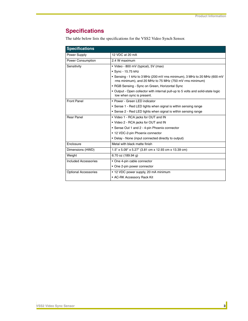 Specifications | AMX Video Sync Sensor VSS2 User Manual | Page 9 / 16