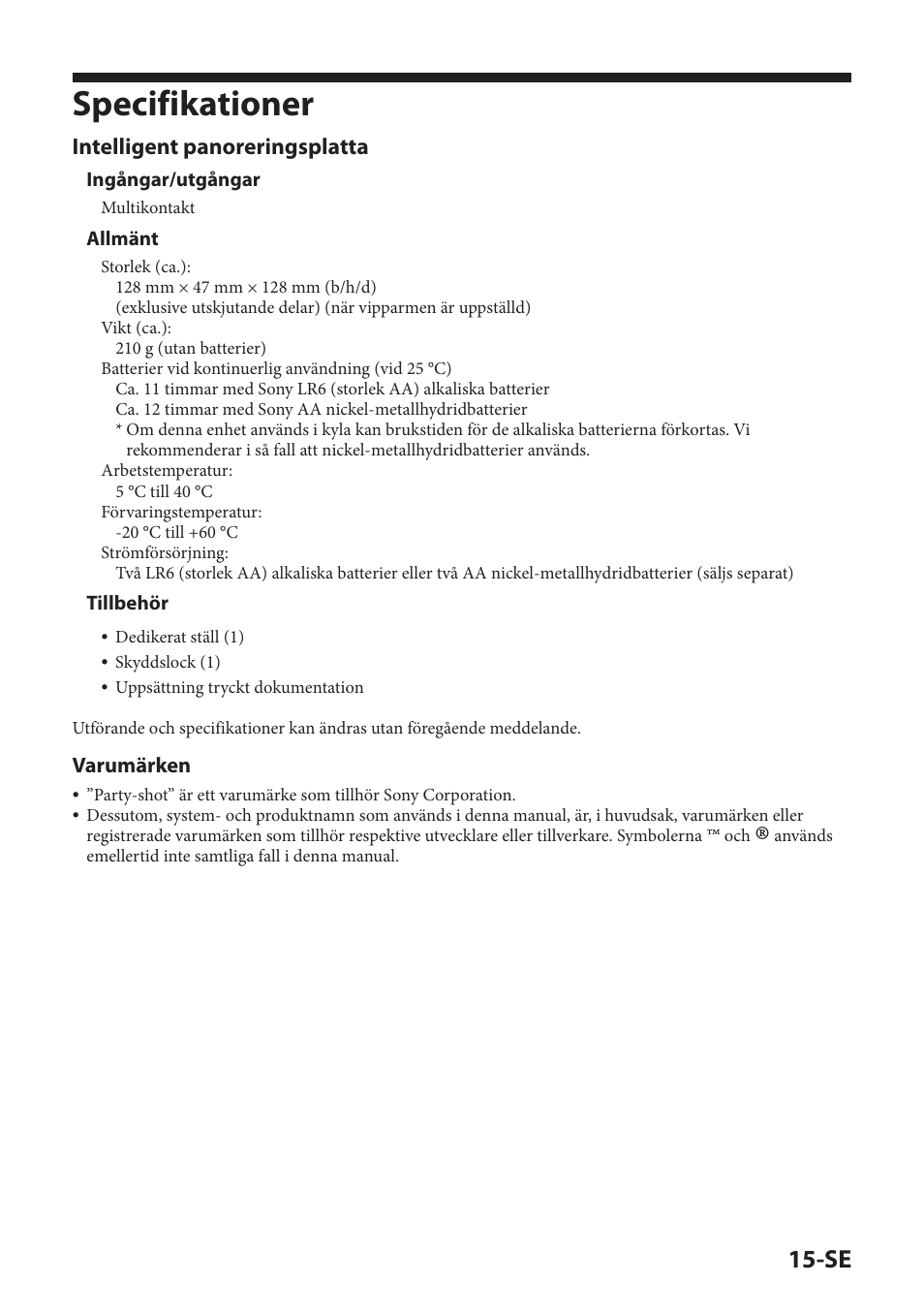 Specifikationer, Intelligent panoreringsplatta | Sony IPT-DS2 User Manual | Page 103 / 215