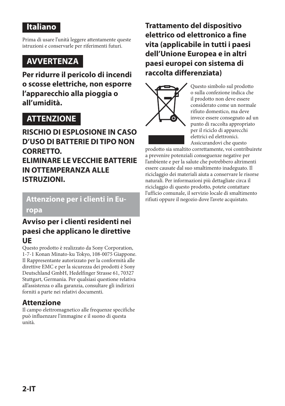 Avvertenza, Attenzione | Sony IPT-DS2 User Manual | Page 104 / 215