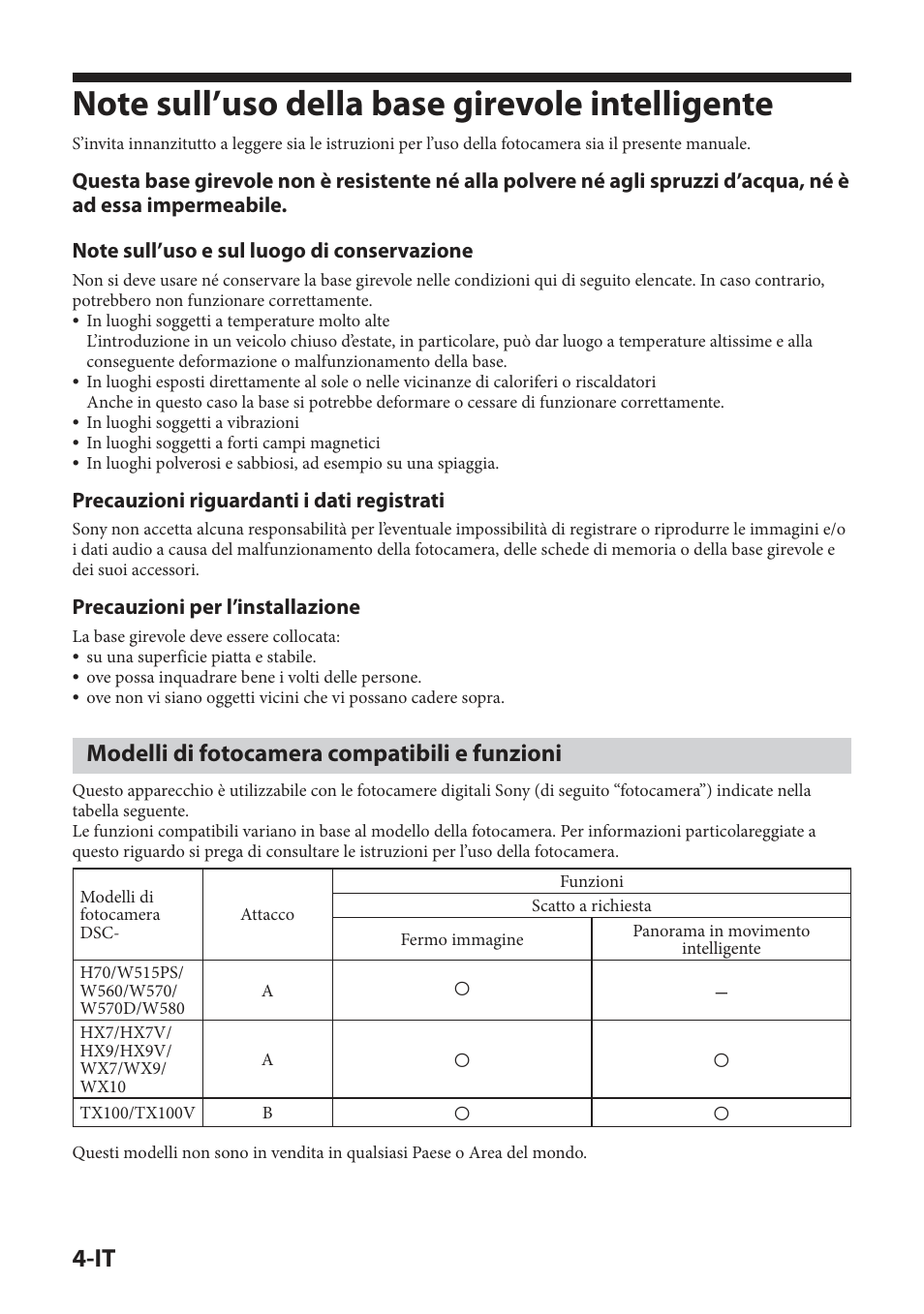 Note sull’uso della base girevole intelligente, Modelli di fotocamera compatibili e funzioni, Precauzioni riguardanti i dati registrati | Precauzioni per l’installazione | Sony IPT-DS2 User Manual | Page 106 / 215