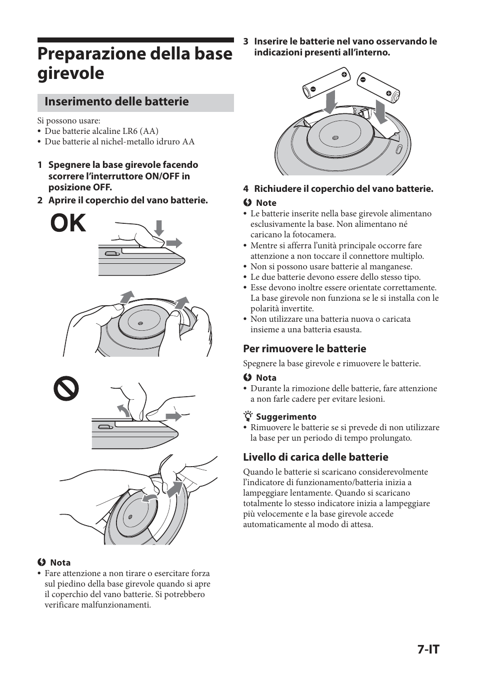 Preparazione della base girevole, Inserimento delle batterie, Per rimuovere le batterie | Livello di carica delle batterie | Sony IPT-DS2 User Manual | Page 109 / 215