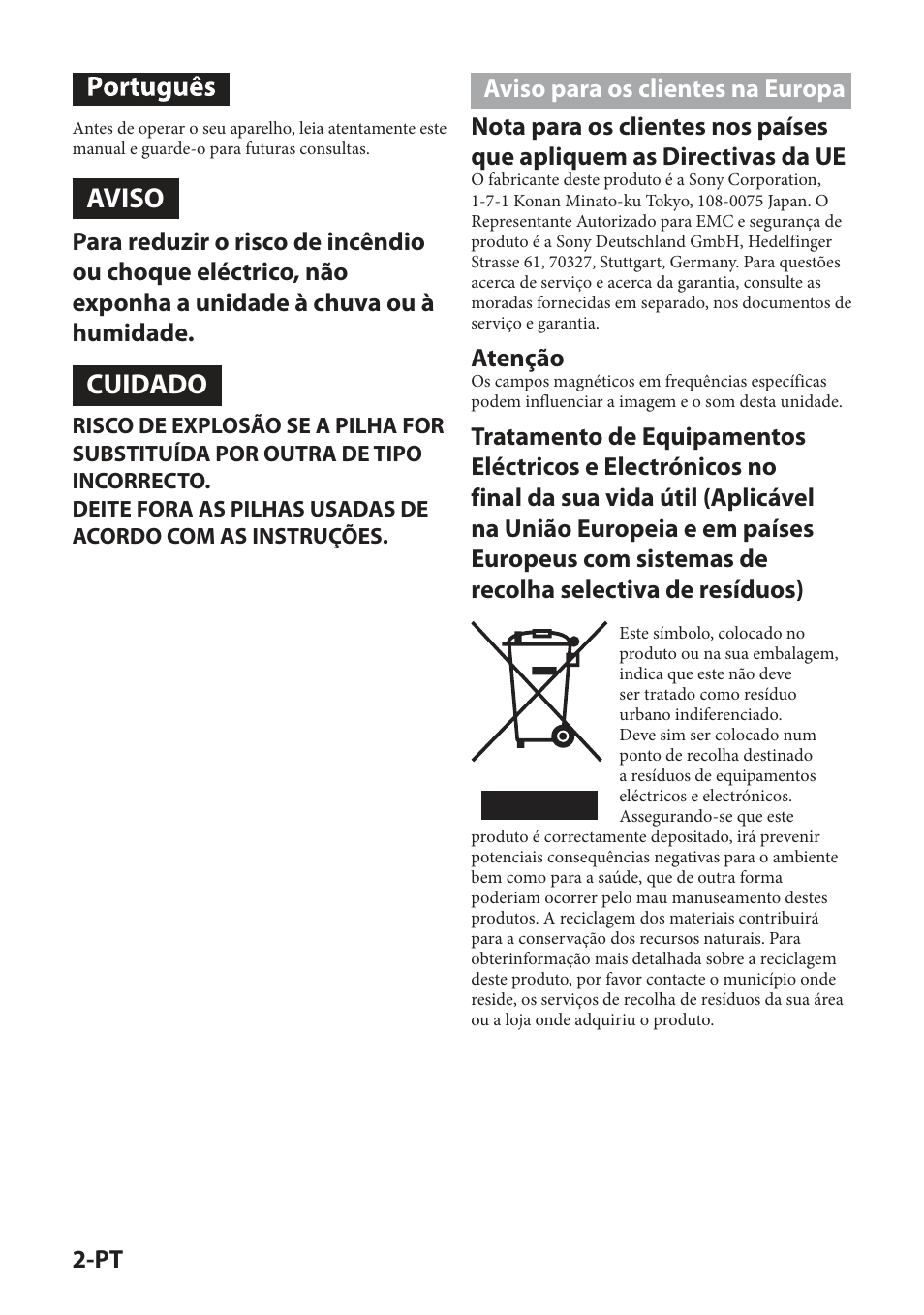 Aviso, Cuidado, Atenção | Sony IPT-DS2 User Manual | Page 118 / 215