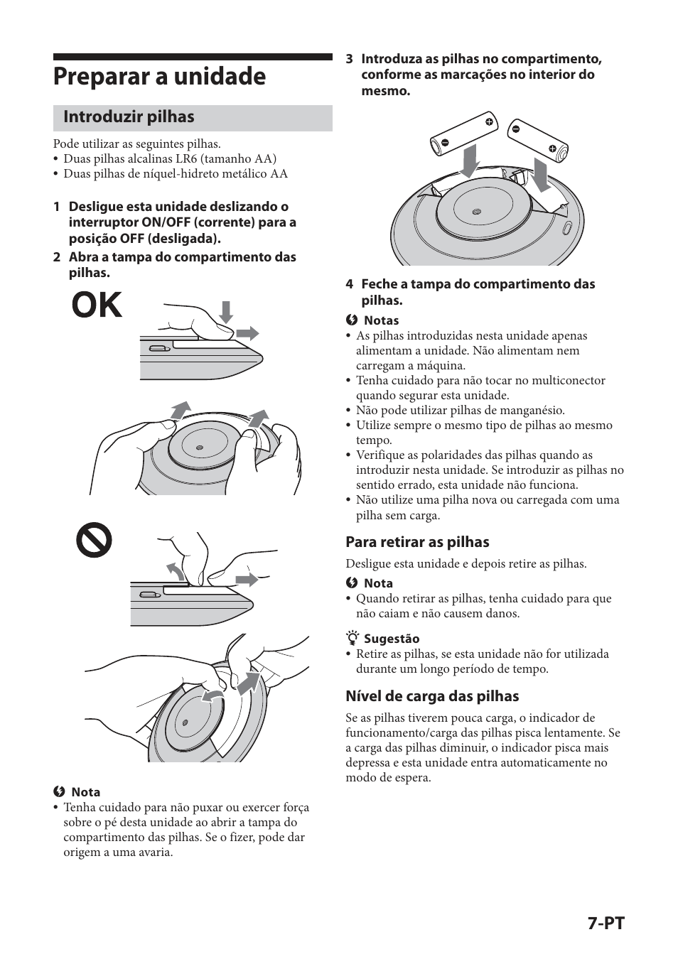 Preparar a unidade, Introduzir pilhas, Para retirar as pilhas | Nível de carga das pilhas | Sony IPT-DS2 User Manual | Page 123 / 215