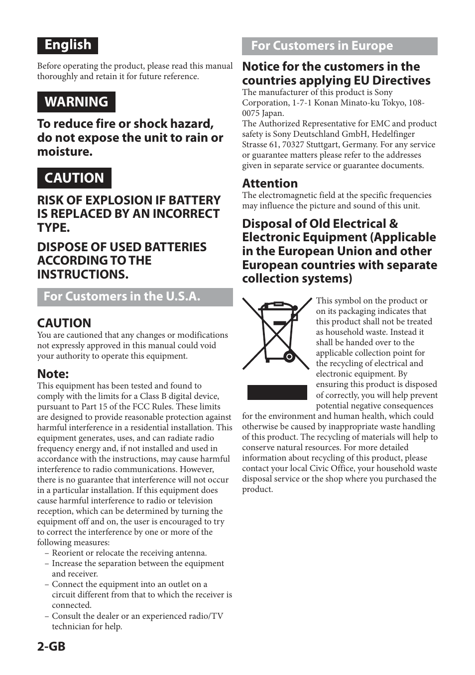 Warning, Caution, Attention | Sony IPT-DS2 User Manual | Page 20 / 215