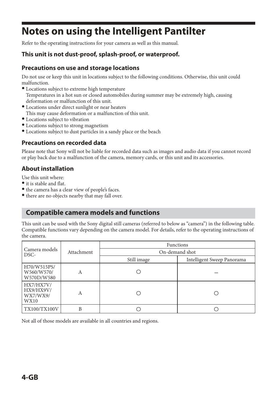 Notes on using the intelligent pantilter, Compatible camera models and functions | Sony IPT-DS2 User Manual | Page 22 / 215