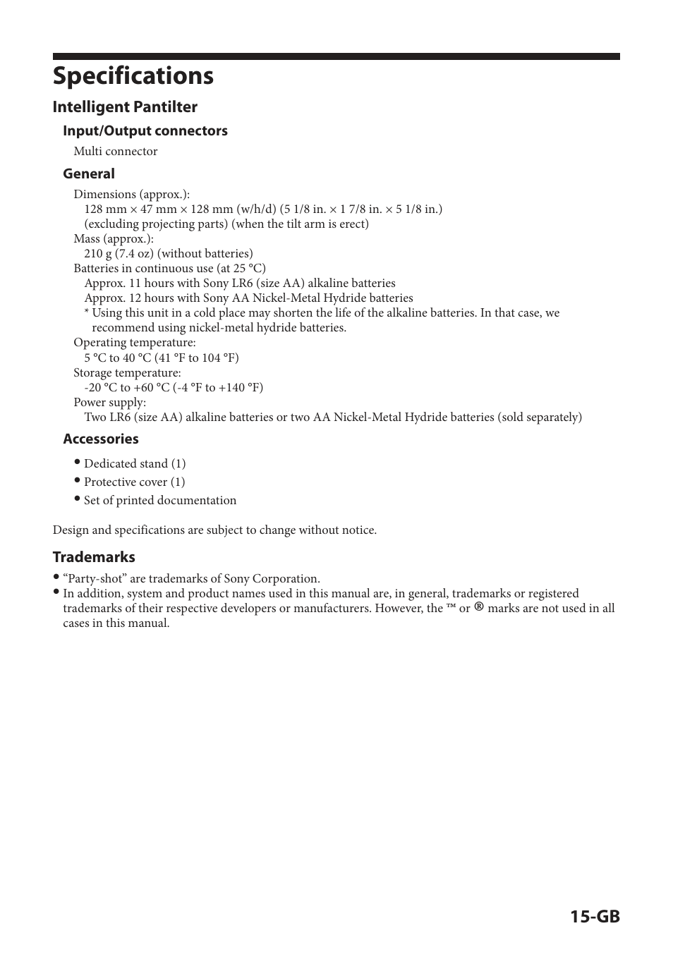 Specifications | Sony IPT-DS2 User Manual | Page 33 / 215