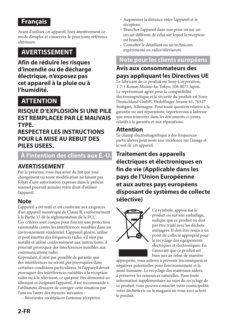 Avertissement, Attention | Sony IPT-DS2 User Manual | Page 34 / 215