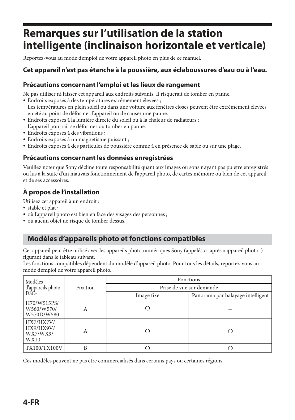 Modèles d’appareils photo et fonctions compatibles, Précautions concernant les données enregistrées, À propos de l’installation | Sony IPT-DS2 User Manual | Page 36 / 215