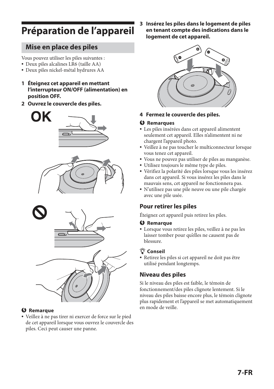 Préparation de l’appareil, Mise en place des piles, Pour retirer les piles | Niveau des piles | Sony IPT-DS2 User Manual | Page 39 / 215