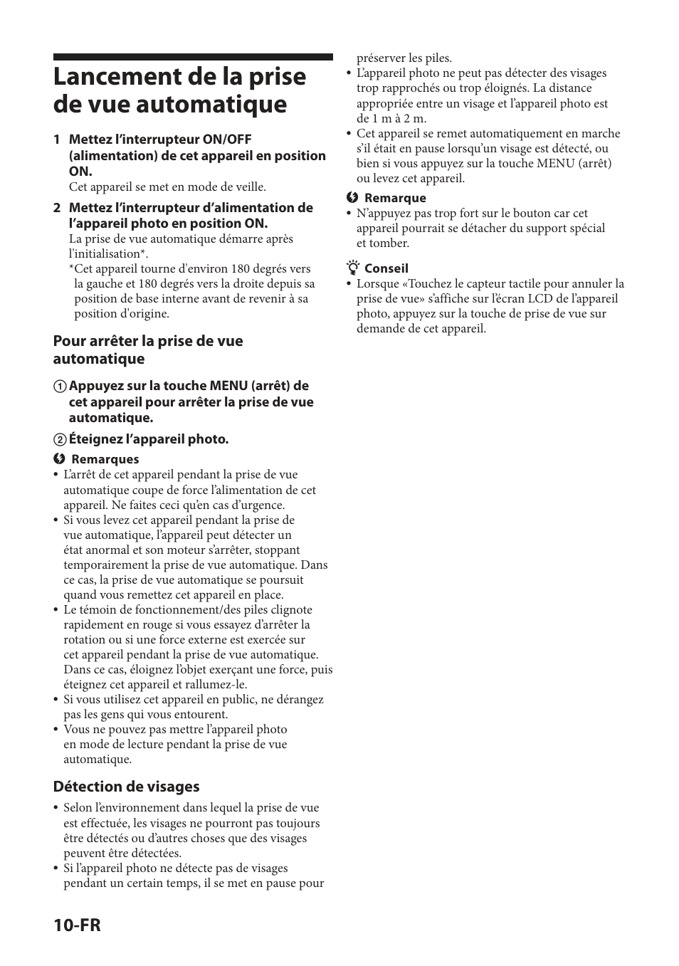 Lancement de la prise de vue automatique, Pour arrêter la prise de vue automatique, Détection de visages | Sony IPT-DS2 User Manual | Page 42 / 215