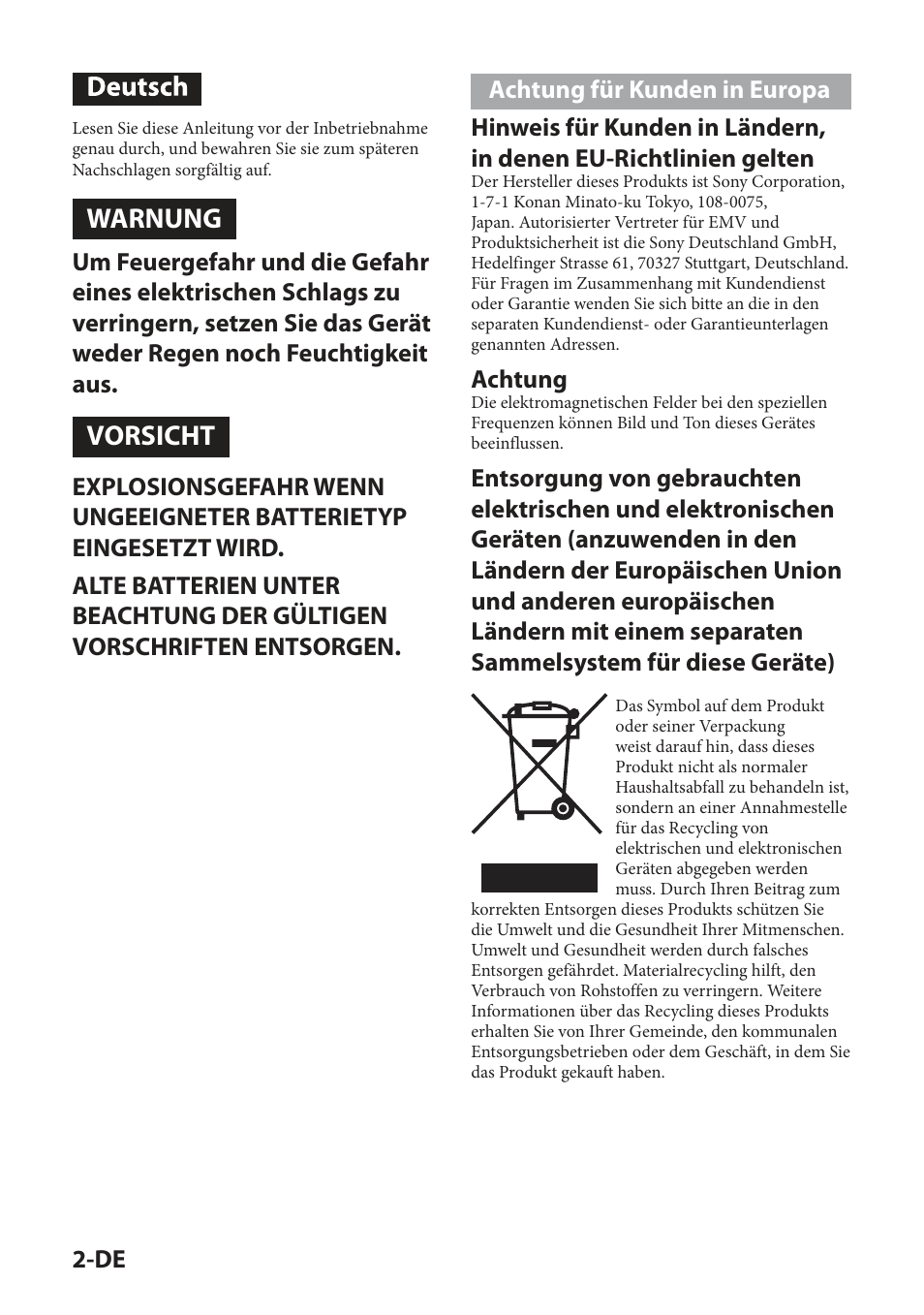 Warnung, Vorsicht, Achtung | Sony IPT-DS2 User Manual | Page 48 / 215