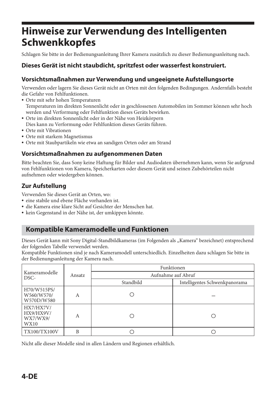 Kompatible kameramodelle und funktionen, Vorsichtsmaßnahmen zu aufgenommenen daten, Zur aufstellung | Sony IPT-DS2 User Manual | Page 50 / 215