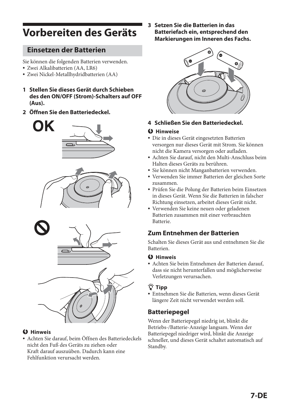 Vorbereiten des geräts, Einsetzen der batterien, Zum entnehmen der batterien | Batteriepegel | Sony IPT-DS2 User Manual | Page 53 / 215