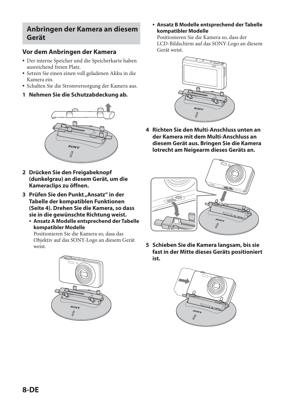 Anbringen der kamera an diesem gerät, Vor dem anbringen der kamera | Sony IPT-DS2 User Manual | Page 54 / 215