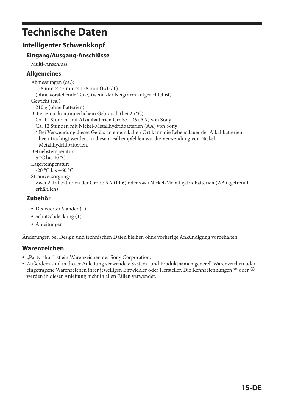 Technische daten, Intelligenter schwenkkopf | Sony IPT-DS2 User Manual | Page 61 / 215