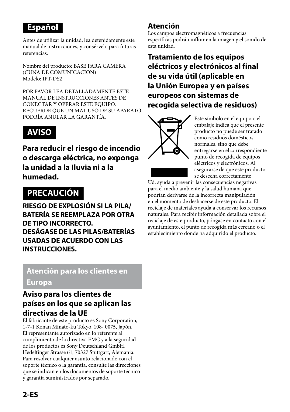Aviso, Precaución, Es atención | Sony IPT-DS2 User Manual | Page 62 / 215