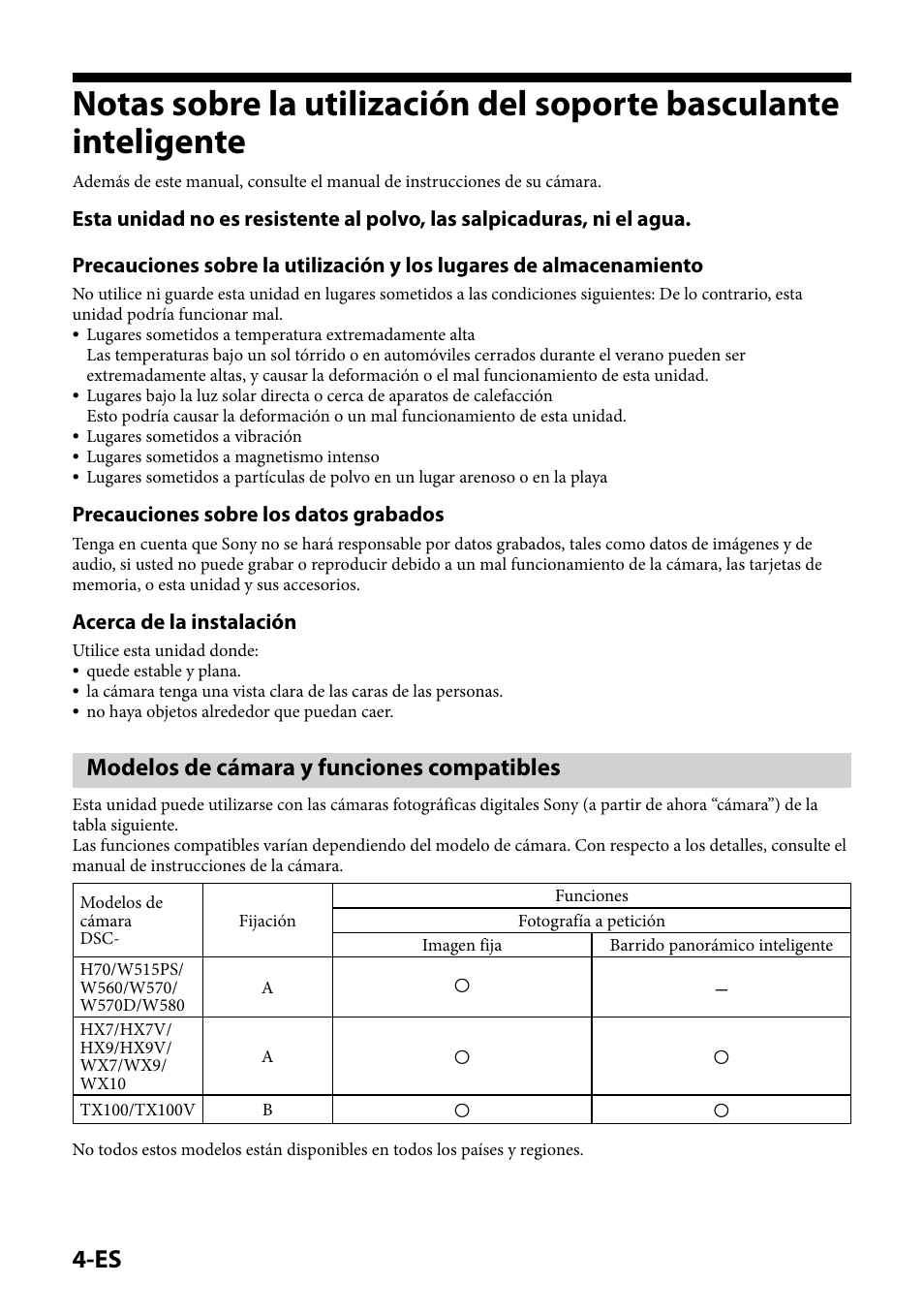 Modelos de cámara y funciones compatibles, Precauciones sobre los datos grabados, Acerca de la instalación | Sony IPT-DS2 User Manual | Page 64 / 215