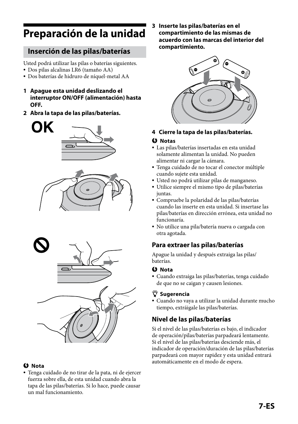Preparación de la unidad, Inserción de las pilas/baterías, Para extraer las pilas/baterías | Nivel de las pilas/baterías | Sony IPT-DS2 User Manual | Page 67 / 215