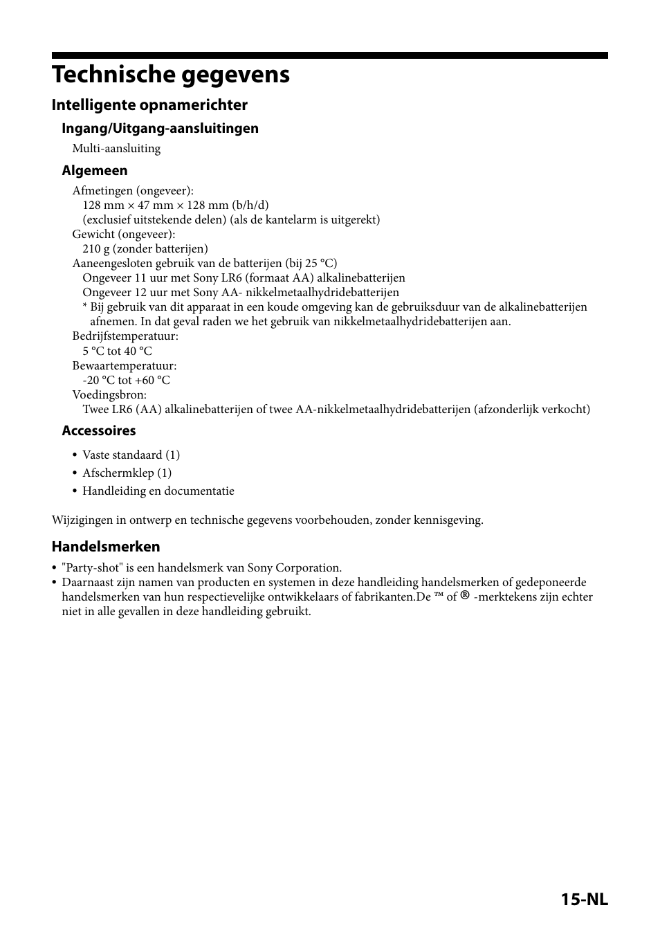 Technische gegevens, Intelligente opnamerichter | Sony IPT-DS2 User Manual | Page 89 / 215