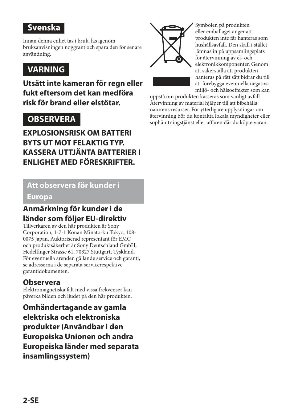 Varning, Observera | Sony IPT-DS2 User Manual | Page 90 / 215