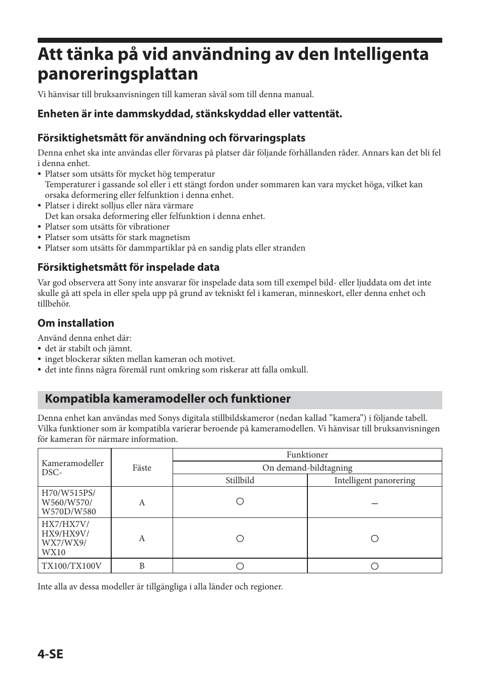 Kompatibla kameramodeller och funktioner, Försiktighetsmått för inspelade data, Om installation | Sony IPT-DS2 User Manual | Page 92 / 215